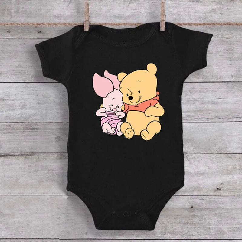Cute Winnie the Pooh Bear Cartoon Toddler Jumpsuit Baby Girl Boy Black Cotton Clothes Kawaii Summer Newborn Baby Romper