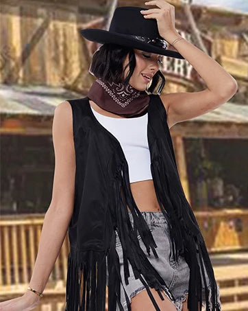 3 Pcs Women Cowboy Cowgirl Costume Faux Suede Tassel Vest Waistcoat with Rivets Cowboy Hat Carnival Party Clothes Clubwear
