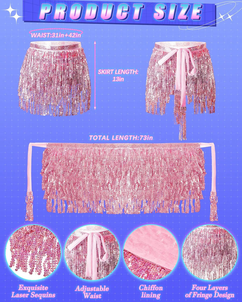 Pink Cowgirl Costume SET for Women Girl:cowboy Hat with Feathers,Space Skirt,HEART-SHAPED GLASSES, halloween accessories