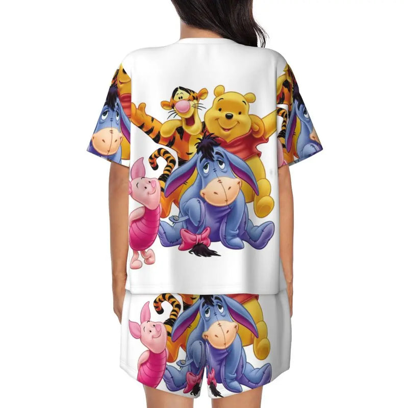 Custom Winnie The Pooh Pajama Sets Womens 2 Piece Short Sleeve Pjs Shorts Sleepwear