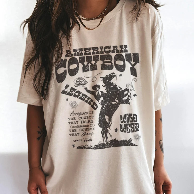 American Cowboy Women 70s Retro Oversized T Shirt Western Cowgirl Vintage Graphic T-Shirts Tees Hippie Boho Fashion Tshirt Tops
