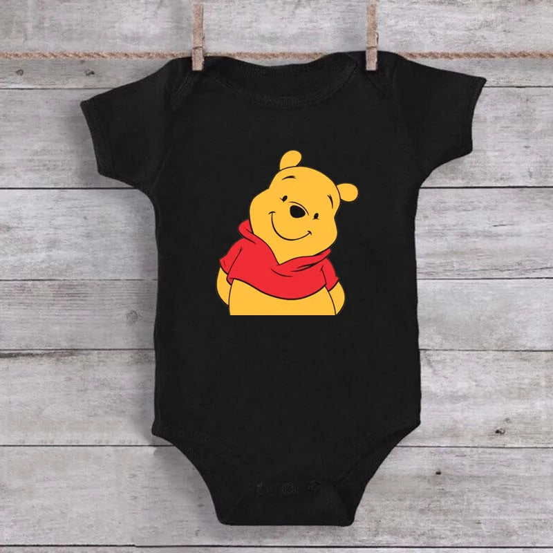 Cute Winnie the Pooh Bear Cartoon Toddler Jumpsuit Baby Girl Boy Black Cotton Clothes Kawaii Summer Newborn Baby Romper