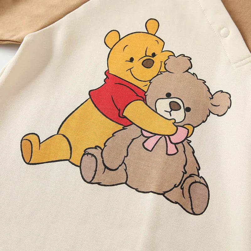 MINISO Winnie the Pooh Baby Color Matching Spring Newborn Climbing Clothes Long Sleeve Soft Cotton Kawaii Bodysuit 0-1 Years