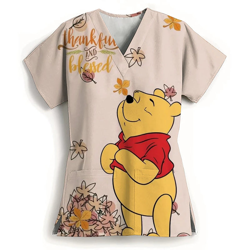 Winnie The Pooh Heart Nurse Uniform Print Tops V-Neck Pocket Medical Uniforms Nursing Scrubs Tops Working Clothes Uniforme Enfer