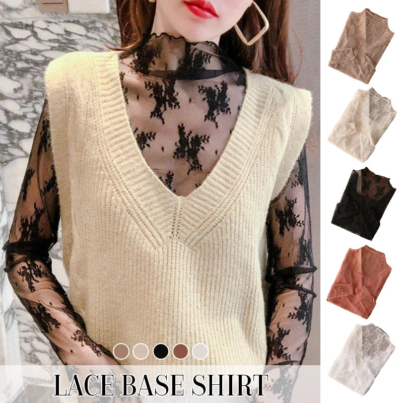 S-XL New Women Floral Lace Shirt Spring Autumn Long Sleeve Sexy Mesh Bottoming Shirts Mock Neck Blouse T-Shirt Pullover Top