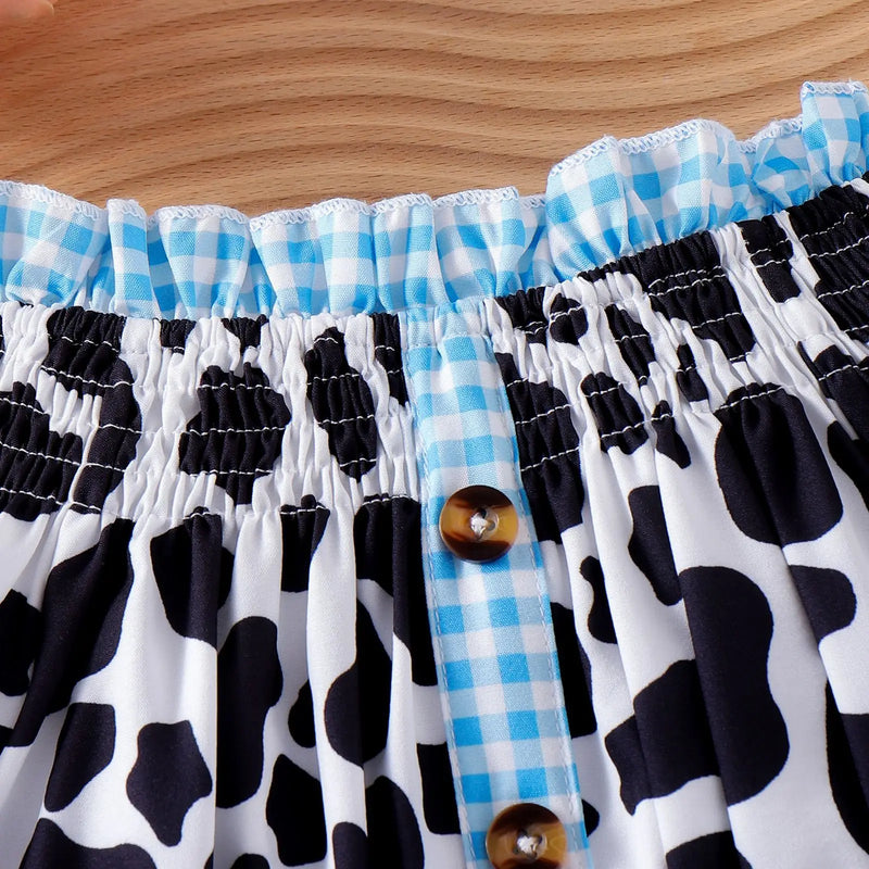 Little Girls Western Cowgirl Outfit Cow Print Off Shoulder Smocked Shirt Top with Denim Shorts Summer Daily School Party Clothes