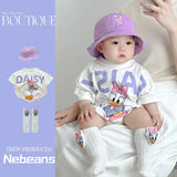 Newborn Baby Boys Girls Rompers+Sock+Hat 3pcs Set Cartoon Mickey Pooh Donald Duck Print Cotton Clothes Jumpsuit Infant Bodysuits