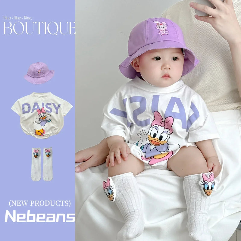 Newborn Baby Boys Girls Rompers+Sock+Hat 3pcs Set Cartoon Mickey Pooh Donald Duck Print Cotton Clothes Jumpsuit Infant Bodysuits