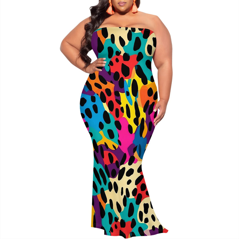 Plus Size Cow Print Strapless Maxi Dress for Women - Brown & Beige S-3XL | Trendy Summer 2025 New Arrival | Casual Party Outfit