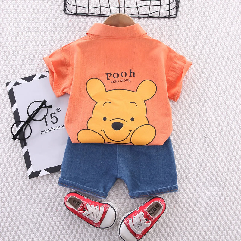 Baby Boy Clothes Winnie the Pooh Short sleeve Shirt +Denim 2pcs gentleman Clothes Toddler boys Clothing Sets