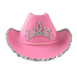Pink Cowboy Hats for Women Girls Wide Brim Western Hats Y2K Glitter Crown Sequin Feather Caps Cowgirl Party Costume Accessories