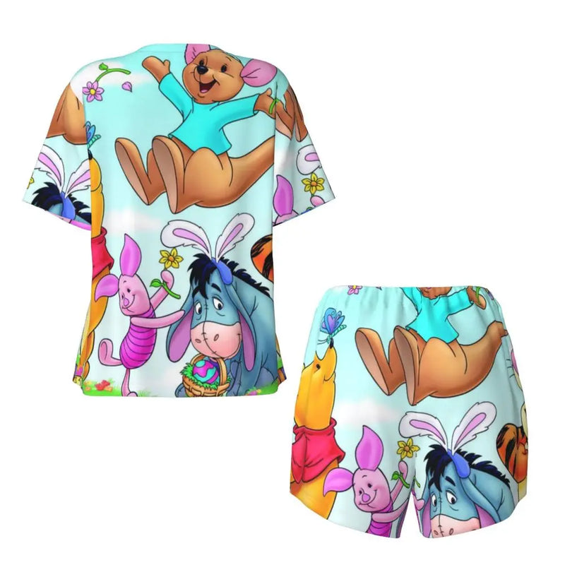 Custom Winnie The Pooh Pajama Sets Womens 2 Piece Short Sleeve Pjs Shorts Sleepwear