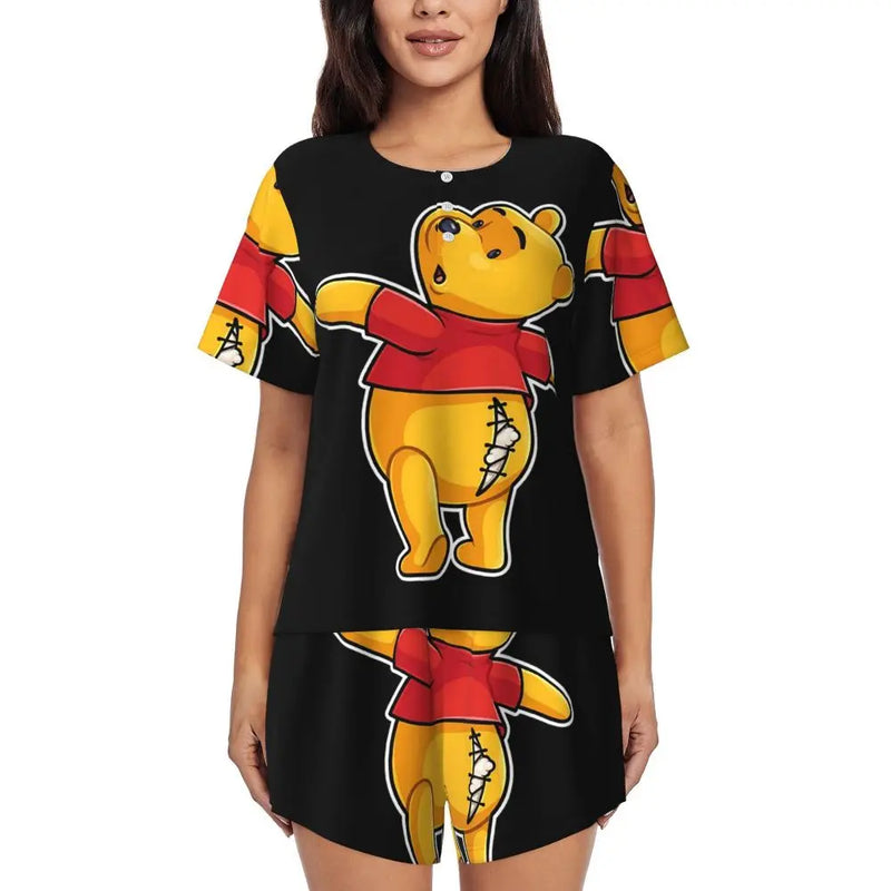 Custom Winnie The Pooh Pajama Sets Womens 2 Piece Short Sleeve Pjs Shorts Sleepwear