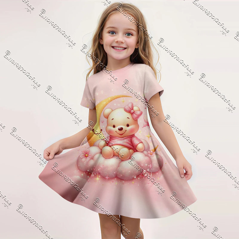 2025 MINISO New Summer Kids Girls Dress Cute Winnie the Pooh 3D Print Clothes Harajuku Short Sleeve Performance Casual Clothes