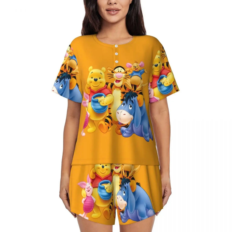 Custom Winnie The Pooh Pajama Sets Womens 2 Piece Short Sleeve Pjs Shorts Sleepwear