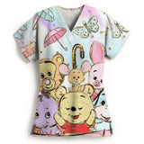 Winnie The Pooh Clinic Hospital Nurse Workwear Teeth 3D Printing T-shirt Women's V-neck Pocket Medical Clothing Nursing Top Work