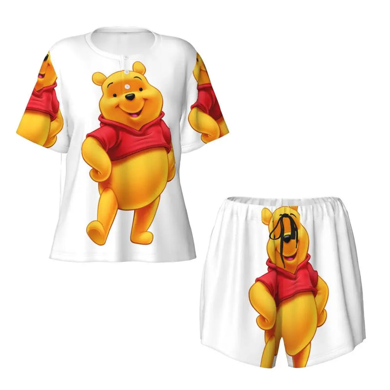 Custom Winnie The Pooh Pajama Sets Womens 2 Piece Short Sleeve Pjs Shorts Sleepwear