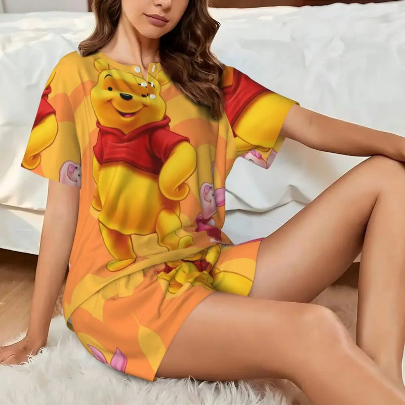 Custom Winnie The Pooh Pajama Sets Womens 2 Piece Short Sleeve Pjs Shorts Sleepwear