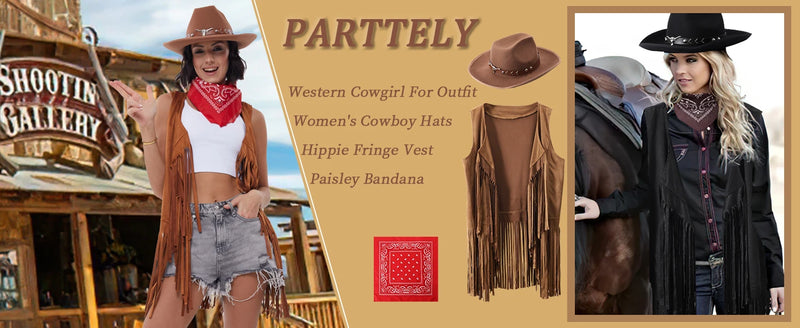 3 Pcs Women Cowboy Cowgirl Costume Faux Suede Tassel Vest Waistcoat with Rivets Cowboy Hat Carnival Party Clothes Clubwear
