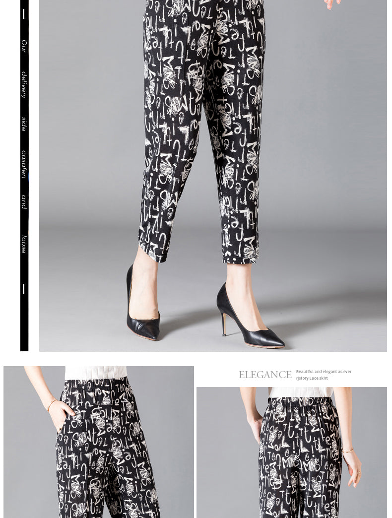XL-8XL Plus Size Women Harem Pants Casual Elastic High Waist Pants Print Middle Aged Women Loose Straight Pants Mom Trousers