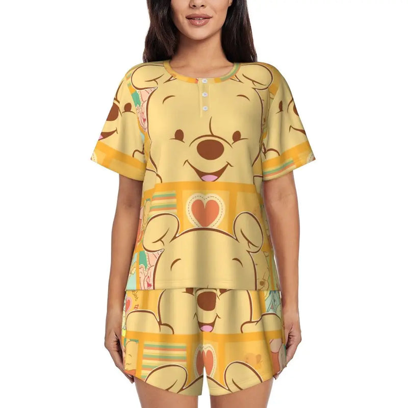 Custom Winnie The Pooh Pajama Sets Womens 2 Piece Short Sleeve Pjs Shorts Sleepwear