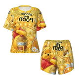 Custom Winnie The Pooh Pajama Sets Womens 2 Piece Short Sleeve Pjs Shorts Sleepwear