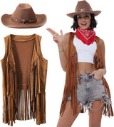 3 Pcs Women Cowboy Cowgirl Costume Faux Suede Tassel Vest Waistcoat with Rivets Cowboy Hat Carnival Party Clothes Clubwear