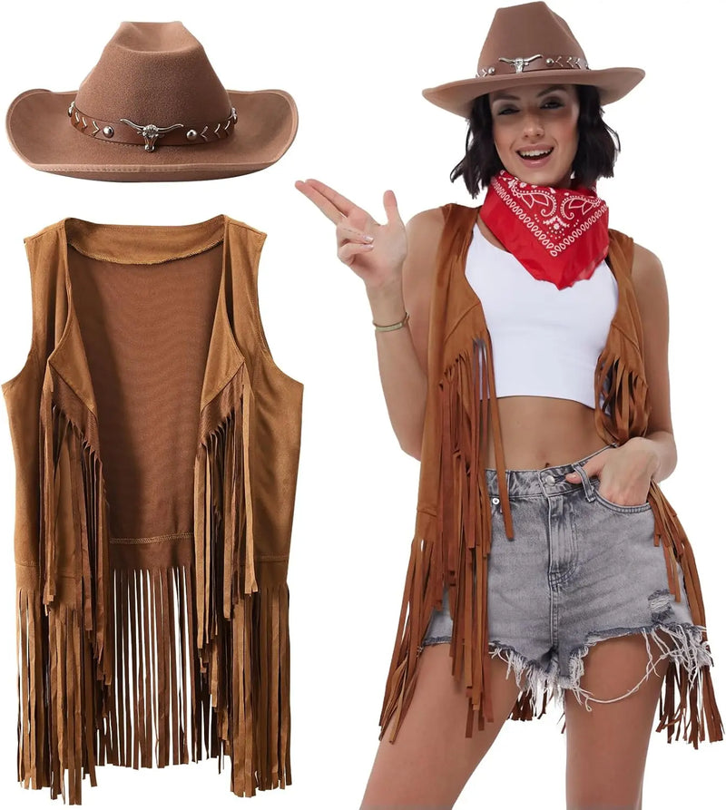 3 Pcs Women Cowboy Cowgirl Costume Faux Suede Tassel Vest Waistcoat with Rivets Cowboy Hat Carnival Party Clothes Clubwear