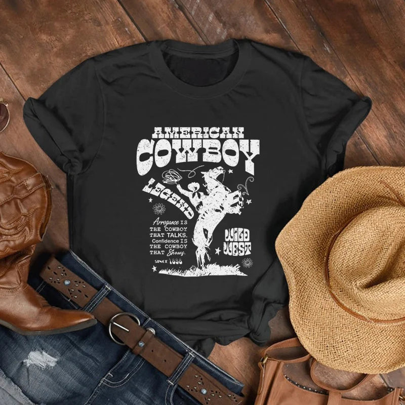 American Cowboy Women 70s Retro Oversized T Shirt Western Cowgirl Vintage Graphic T-Shirts Tees Hippie Boho Fashion Tshirt Tops