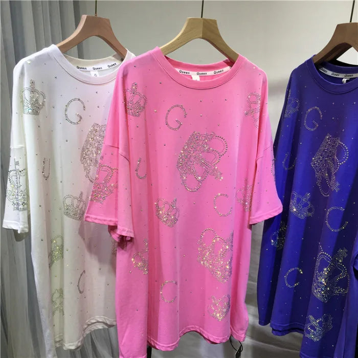 XL-4XL Plus Size T-shirts for Women Crown Rhinestone Luxury Loose Summer Short Sleeve Tops Womens Clothing Занзеа Женская Одежда
