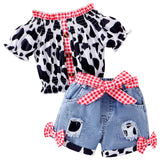 Little Girls Western Cowgirl Outfit Cow Print Off Shoulder Smocked Shirt Top with Denim Shorts Summer Daily School Party Clothes
