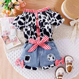 Little Girls Western Cowgirl Outfit Cow Print Off Shoulder Smocked Shirt Top with Denim Shorts Summer Daily School Party Clothes