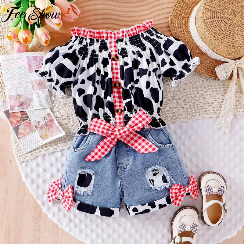 Little Girls Western Cowgirl Outfit Cow Print Off Shoulder Smocked Shirt Top with Denim Shorts Summer Daily School Party Clothes
