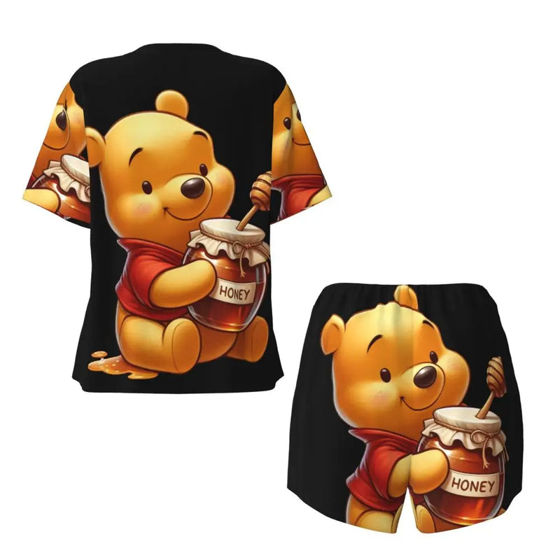 Custom Winnie The Pooh Pajama Sets Womens 2 Piece Short Sleeve Pjs Shorts Sleepwear