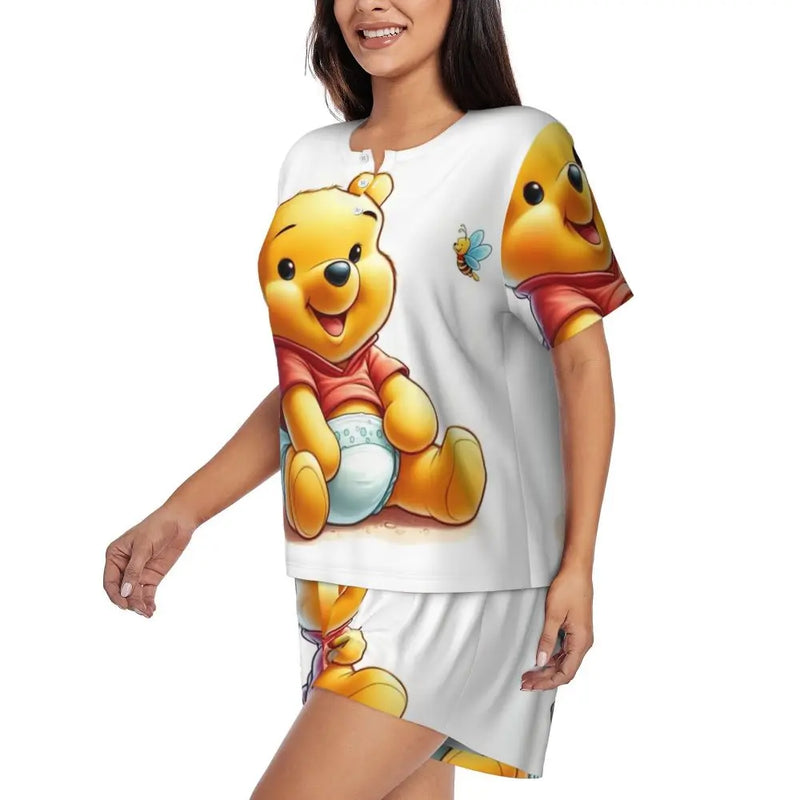 Custom Winnie The Pooh Pajama Sets Womens 2 Piece Short Sleeve Pjs Shorts Sleepwear