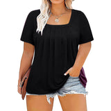 5XL Plus Size Woman Clothing Solid Color Short Sleeve T-shirt Elegant Pleated Square Neck Casual Tees Large Size Ladies Tops