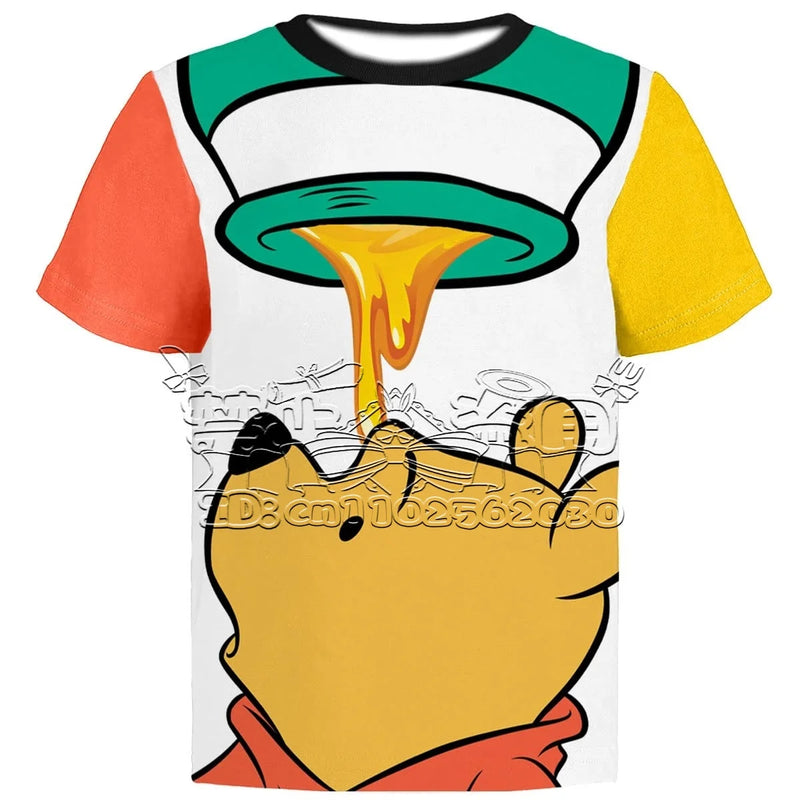 2025 Summer Fashion Cartoon Classic T-shirt MINISO Winnie The Pooh Cute Round Neck Short Sleeve Adult and Children 3D Printed