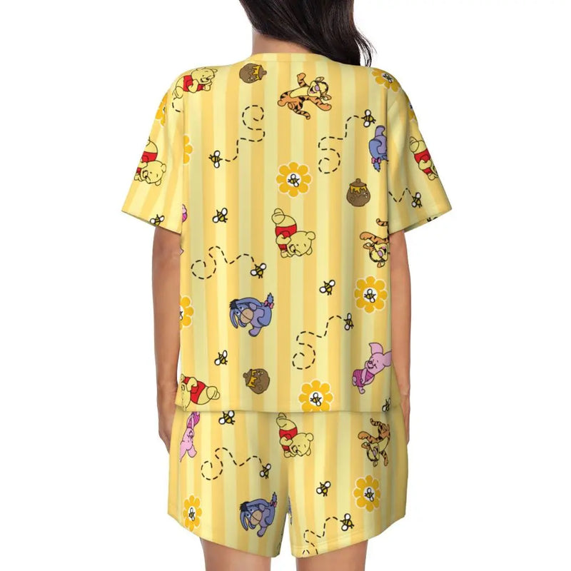 Custom Winnie The Pooh Pajama Sets Womens 2 Piece Short Sleeve Pjs Shorts Sleepwear