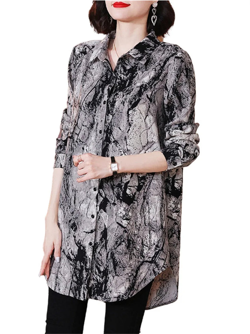 5XL Loose Women Spring Summer Shirts Lady Fashion Casual Long Sleeve Turn-down Collar Printing Blusas Tops TT2030