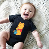 Cute Winnie the Pooh Bear Cartoon Toddler Jumpsuit Baby Girl Boy Black Cotton Clothes Kawaii Summer Newborn Baby Romper