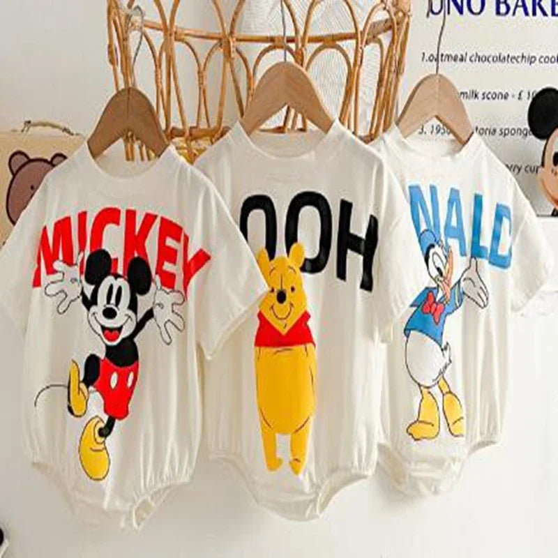 Newborn Baby Boys Girls Rompers+Sock+Hat 3pcs Set Cartoon Mickey Pooh Donald Duck Print Cotton Clothes Jumpsuit Infant Bodysuits