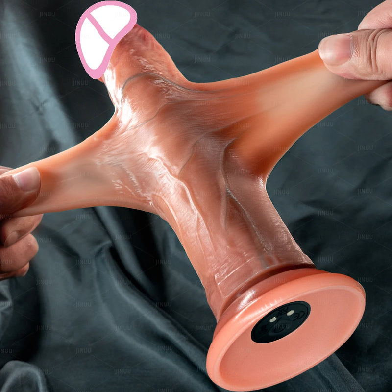 Vibration Sliding Foreskin Dildo USB Charging Suction Cup Strap on Dildo For Women and Man Realistic Silicone Penis GSpot Dildo