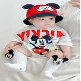 Newborn Baby Boys Girls Rompers+Sock+Hat 3pcs Set Cartoon Mickey Pooh Donald Duck Print Cotton Clothes Jumpsuit Infant Bodysuits