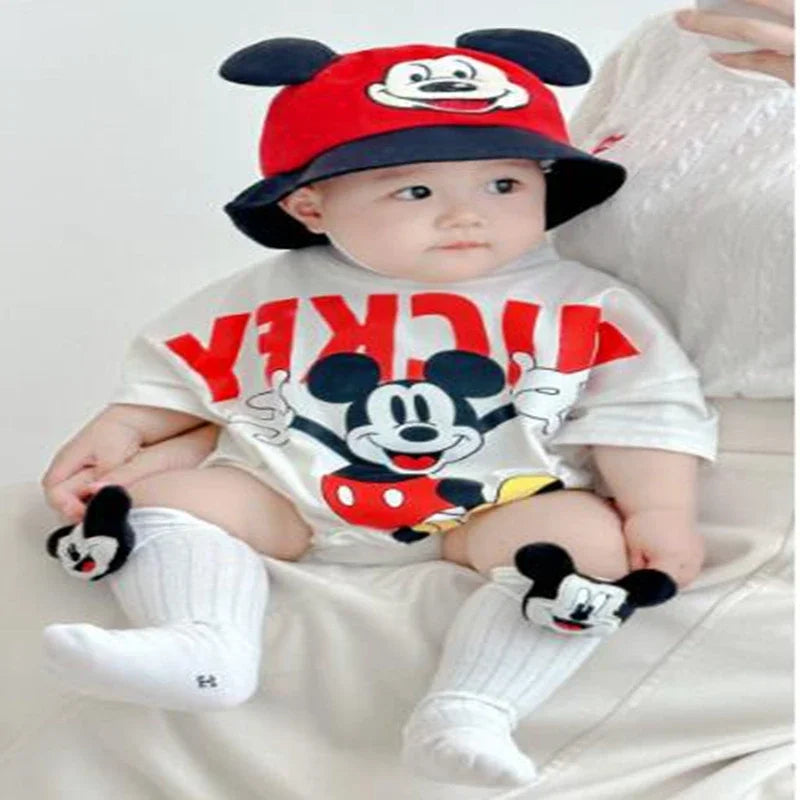 Newborn Baby Boys Girls Rompers+Sock+Hat 3pcs Set Cartoon Mickey Pooh Donald Duck Print Cotton Clothes Jumpsuit Infant Bodysuits