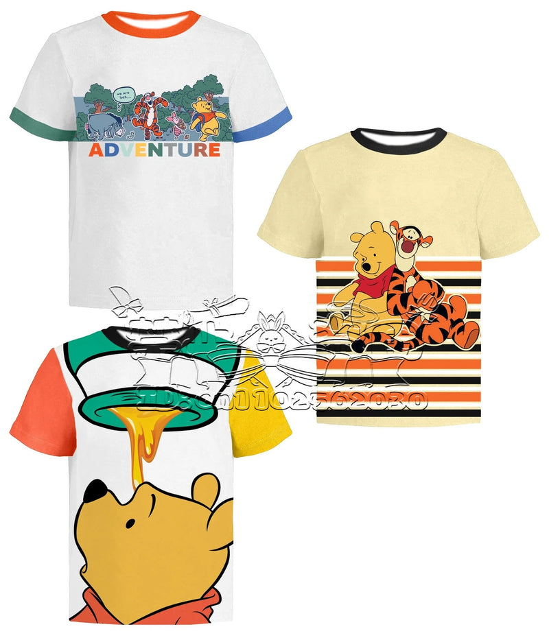 2025 Summer Fashion Cartoon Classic T-shirt MINISO Winnie The Pooh Cute Round Neck Short Sleeve Adult and Children 3D Printed