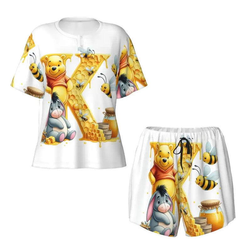 Custom Winnie The Pooh Pajama Sets Womens 2 Piece Short Sleeve Pjs Shorts Sleepwear