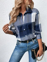 Women's Plus Size 1XL-5XL New Casual Checker Printed Shirt with Button Flip Collar Fashion Commuter Long Sleeved Shirt