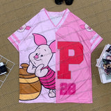 Winnie The Pooh Cartoon Classic Character Sports Jersey T-Shirt V-Neck Fashionable Streetwear Summer Women'S Casual Party Top