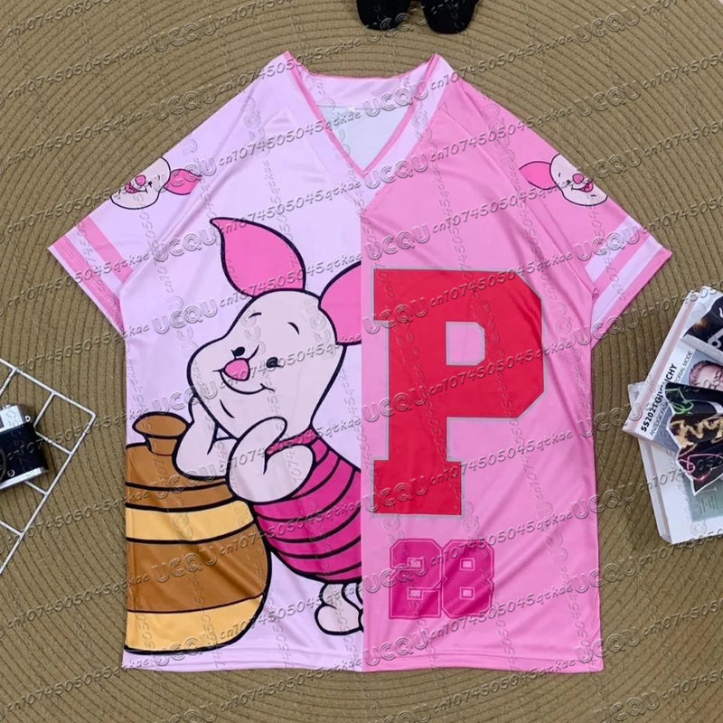Winnie The Pooh Cartoon Classic Character Sports Jersey T-Shirt V-Neck Fashionable Streetwear Summer Women'S Casual Party Top