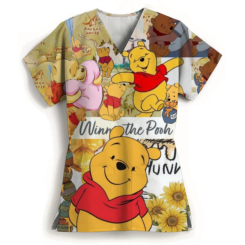 Winnie The Pooh Clinic Hospital Nurse Workwear Teeth 3D Printing T-shirt Women's V-neck Pocket Medical Clothing Nursing Top Work